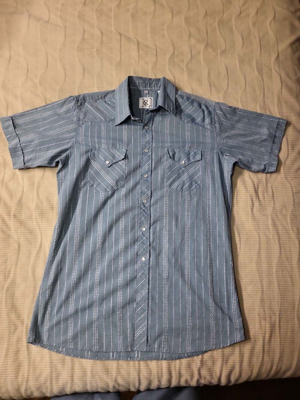 Vintage Corral West Ranchwear Blue Striped Western Pearl Snap Shirt Short Sleeve